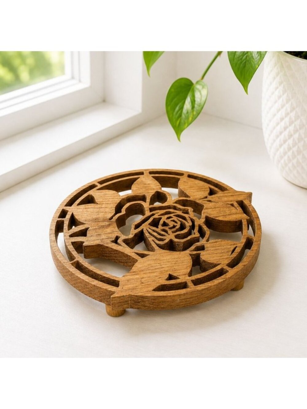 Handcrafted Wooden Trivet With Rose Cutout Design Vintage Style Heat Resistant D